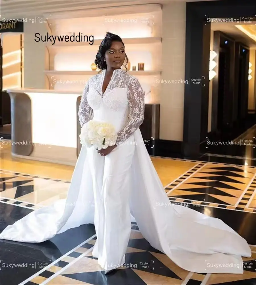 Plus Size Jumpsuit Wedding Dress With Overskirt Train V Neck Long Sleeve Church Bridal Nigeria Lace Civil Bride Customized