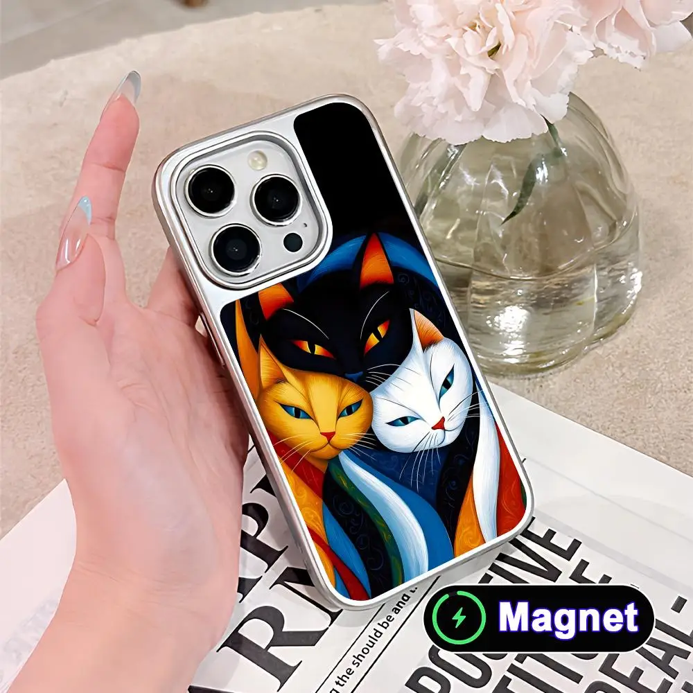 Cute Art Cat Silver Plating Magsafe Mobile Phone Case for iPhone 17 16 15 14 13 12 11 Air Pro Max Plus Colorful Cover
