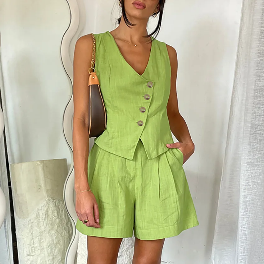 Women Clothes V Neck Vest High Waist Casual Wide Leg Pants Two Piece Set 2024 Summer New Girls Pure Color Simple Fashion Suit