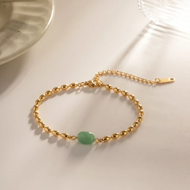 ALLNEWME Retro Green Color Natural Stone Freshwater Pearl Strand Beaded Bracelets for Women  Gold Stainless Steel Bracelet