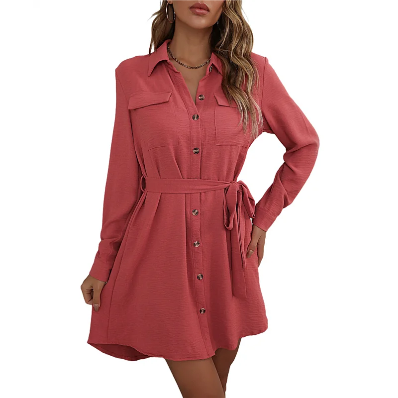 A83F-レディース長袖ボタンダウンシャツドレスカジュアルルーズタイウエスト調節可能な袖の長さのドレス