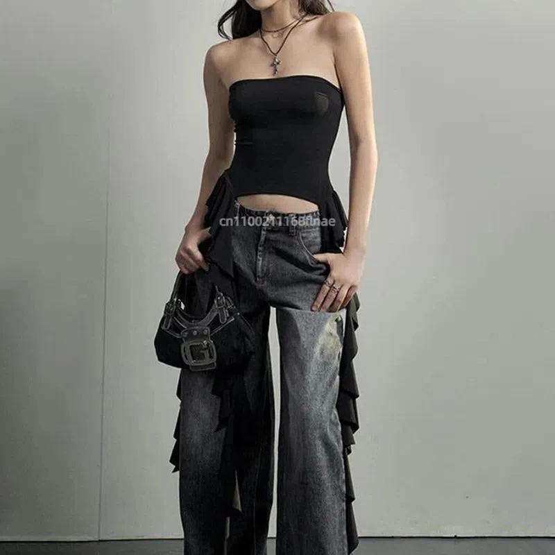 Street Dance Outfit, Sexy and Spicy Women's Clothing, Summer Ruffled Edge One Shoulder Wrapped Chest Street Casual Top