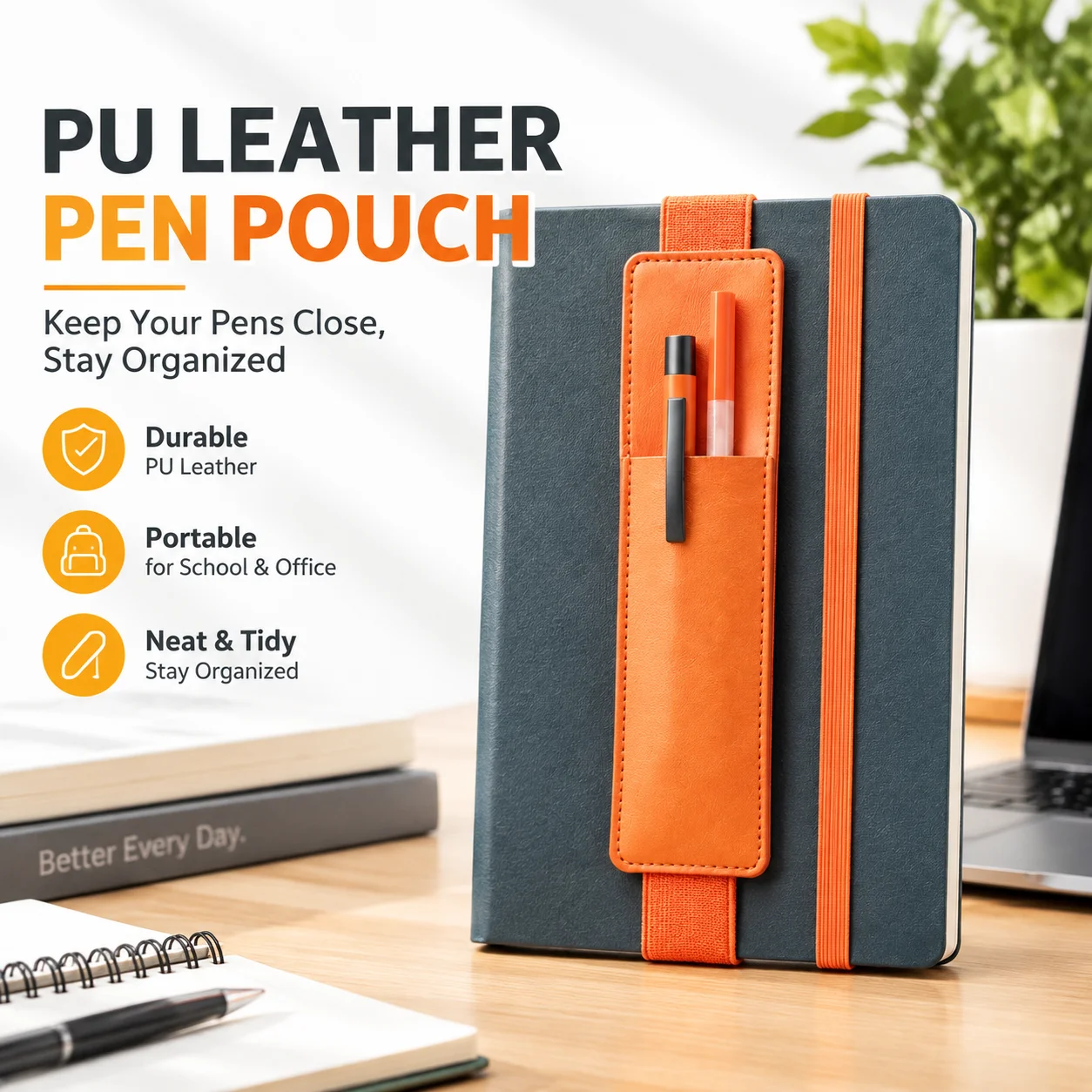 PU Leather Pen Pouch with Elastic Buckle, Pen Case Holder for Office School Students, Durable Stationery Organizer, Black Grey