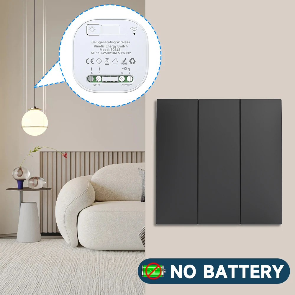No Battery IP44 RF433 Smart Wireless Switch  1/2/3 Gang 86 Panel Waterproof AC 110v-250v Light Black Switch