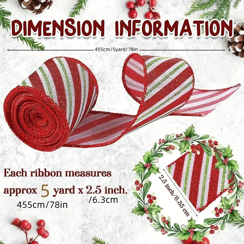 2 Pcs Handmade Glittery Christmas Ribbon Multi-purpose Multifunction Christmas Tree Decor Portable Red Green Stripe