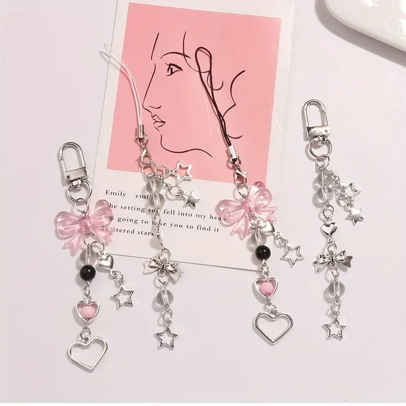 Fashion Y2K Love Pink Bead Bow Lanyard Door Buckle Mobile Phone Strap Key Chain Pendant Key Chain Five-Pointed Star Key Chain