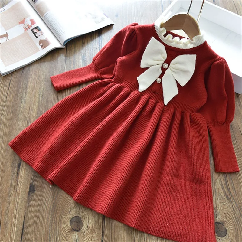 Long Sleeve Girls Winter Dresses 2023 New Warm Knit Sweater Kids Red Christmas New Year Party Princess Gown 1-8 Yrs Baby Vestido