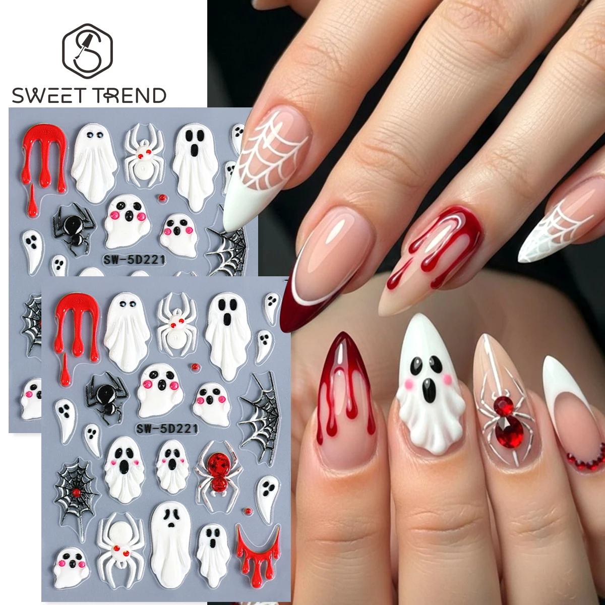 2pcs Adorable Halloween 5D Nail Embossed Sticker Spooky Spider Web Flowing Blood Design Creative Holiday Manicure Textured Decal