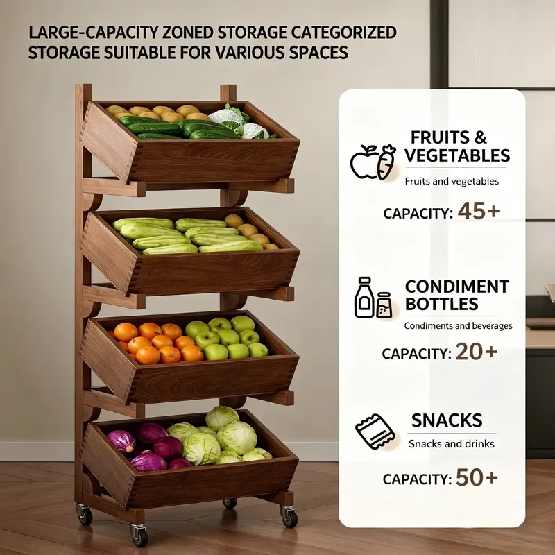 Wooden kitchen storage truck Multi-layer rolling fruit and vegetable basket storage rack is sturdy and durable, suitable for
