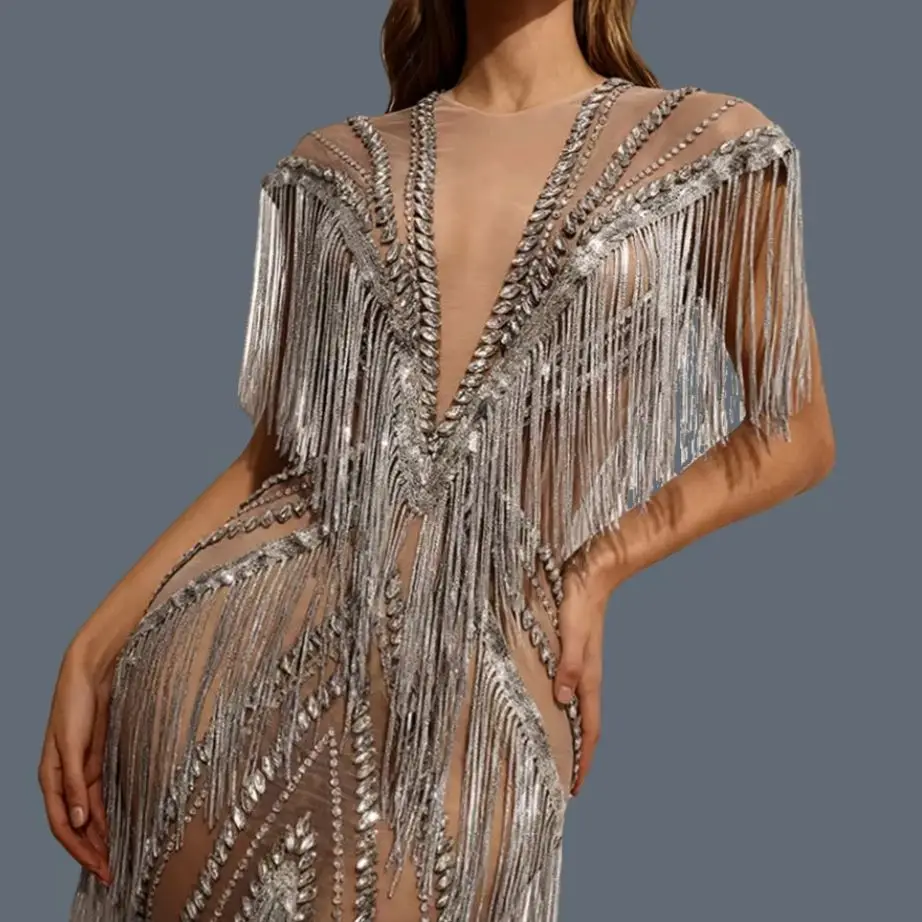 

Women Sparkly Sequines Tassel Dresses Sexy Mesh Crystals Dance Streamer Party Costume Gorgeous Stage Wear Club Outfit Shexian
