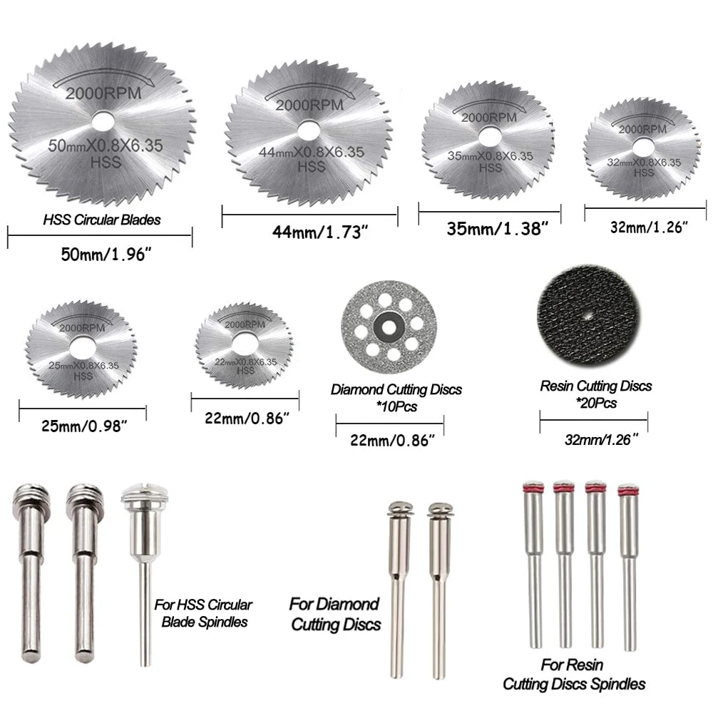 Kit Discos Cortadores de Roda para Ferramenta Rotativa, Lâminas de Serra Circular HSS, Diamante com Mandris 1,8 ", Madeira, Plástico, Metal, 50 Pcs