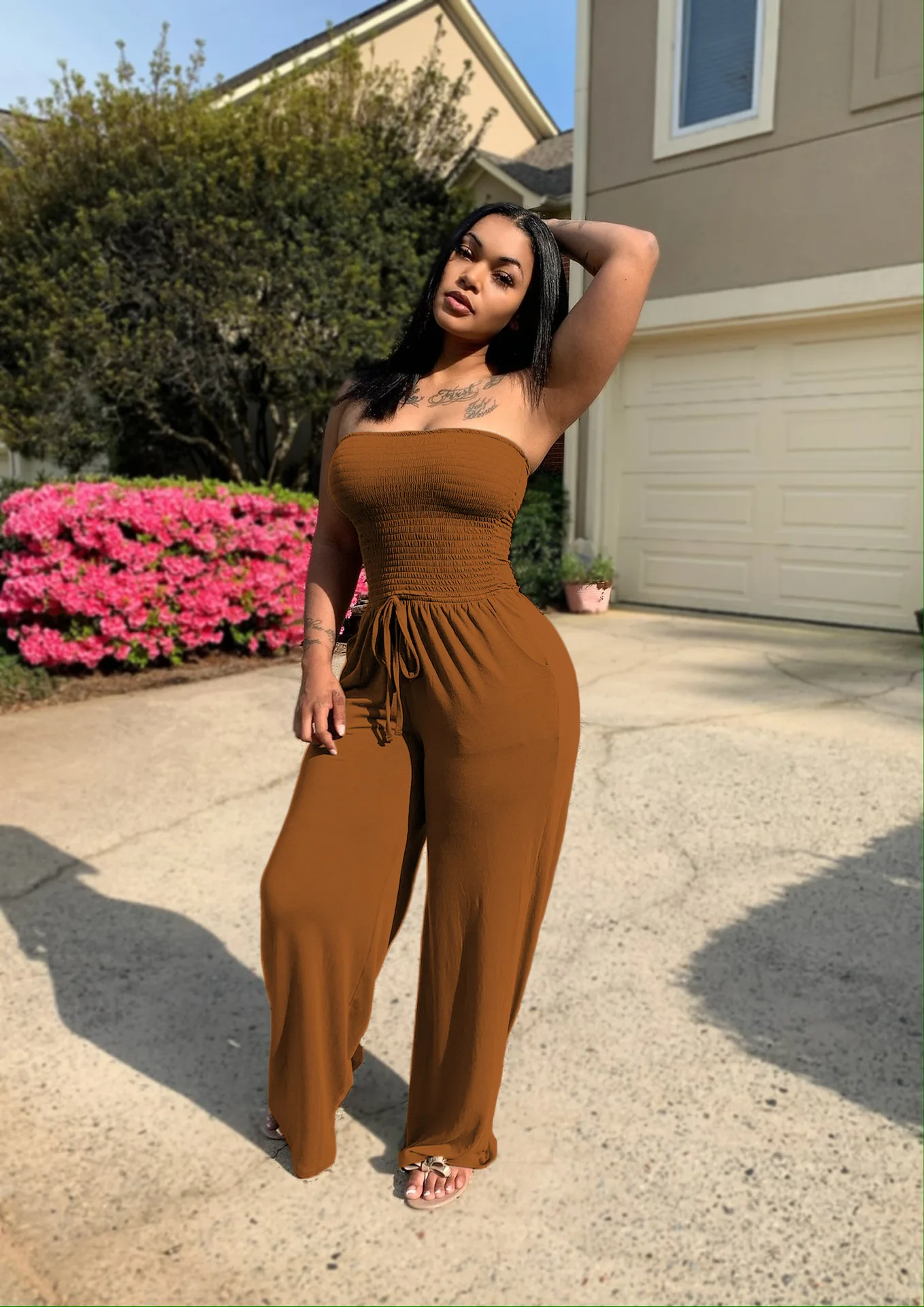 Sister Star Women's Summer Sexy Comfortable Casual Solid Color Smocked Worn Wide Leg Pants Stereoscopic Cropped Jumpsuit