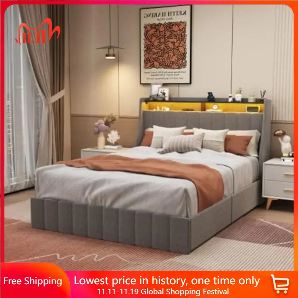 

Queen Size Bed Frame with 4 Under-Bed Portable Storage Drawers, Wings Headboard Design with RGB LED Light，LED Bed Frame