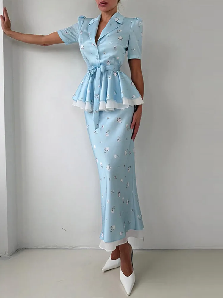 Floral Blazer Coat Skirt Sets Women Elegant Lapel Short Sleeve Single-breasted Lace Up Coat Midi Skirt Two Piece Set 2026 Summer - view 5