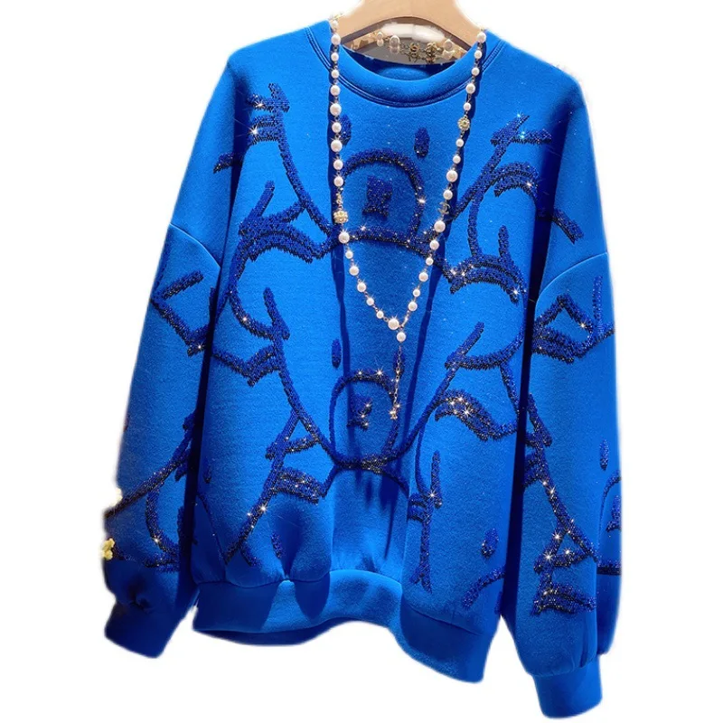 2024 Spring Autumn New Fashion Blue Space Cotton Hot Drilling Bear Hoodies Female Loose Slimming Bf Casual Sweatshirt Pullover