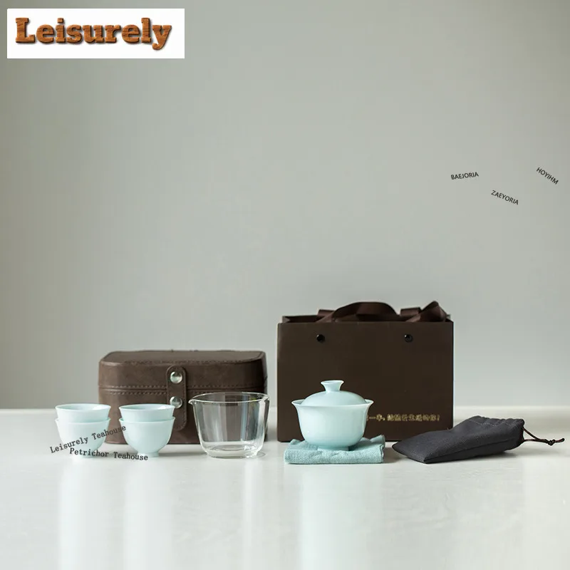 HOYIHM Misty Blue Porcelain Travel Tea Set Kit Luxury 1 Pot 4 Cups Household Tea Making Organizer Portable Outdoor Tote Bag Gift
