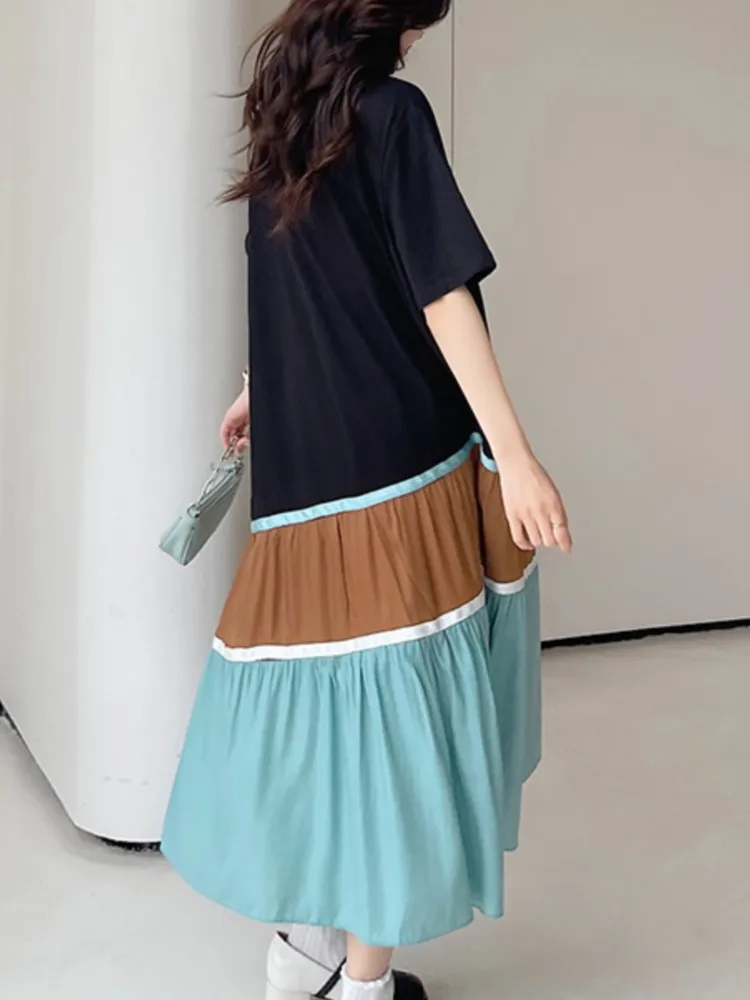Sommer frauen Kleider Lose Plus Größe Patchwork Dame Vestidos Kurzarm Weibliche Robe T-Shirt Schwarz Kleid Kleidung