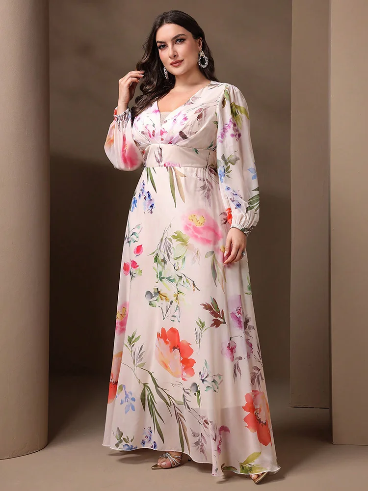 TOLEEN-Women Floral Printed Long Sleeve Dress, Plus Size, Casual, Elegant, V-Neck, Slim, Mesh, Holiday Dresses, New, Summer 2024