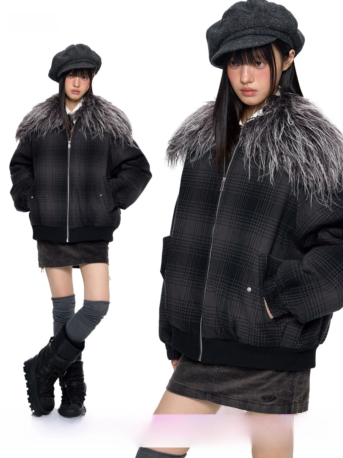 

EZEK Plaid Cotton Jaet Winter New American Retro Loose Casual Outerwear Fur Collar awl Women's Faion Cotton Coat