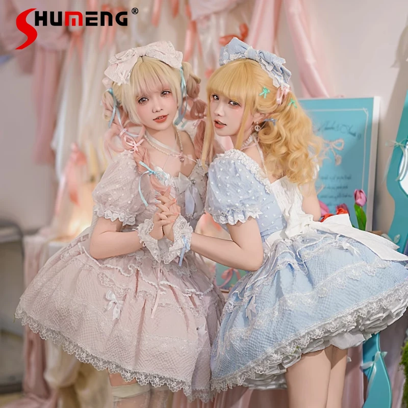 

Sweet Lolita Style Split Dress Summer New 2025 Girls Japanese Cute Bow Kawaii Short-sleeved Neck Top Mini Skirt 2-piece Set