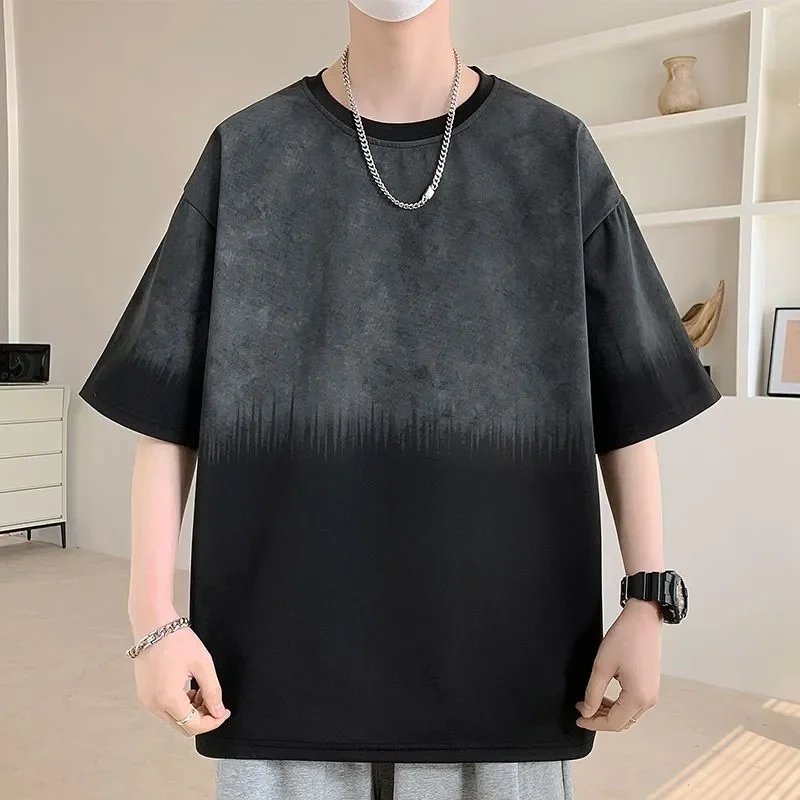 

Летняя футболка с градиентным эффектом тай-дай, новая, с коротким рукавом, мужская, повседневная, свободного кроя, модная, брендовая, с круглым вырезом, топ с полурукавами.