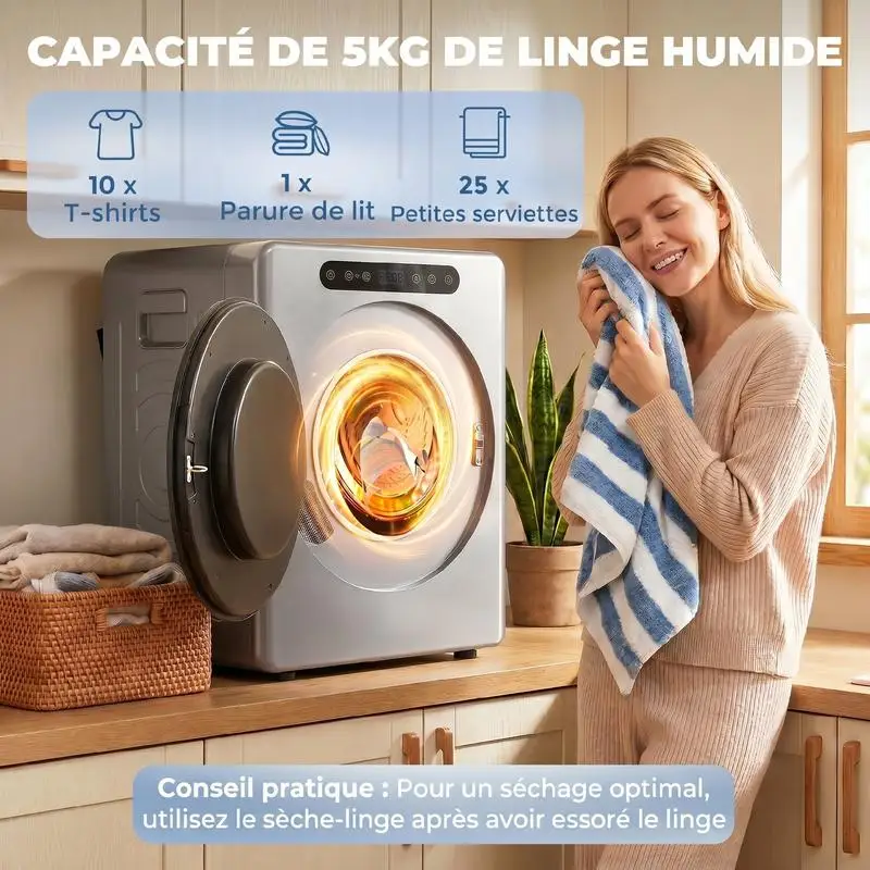 Silberner Abluft-Wäschetrockner, 1000 W Leistung, 3 kg Fassungsvermögen, 6 automatische Trocknungsprogramme, Trommel aus Edelstahl, kompakte Abmessungen 49x43x61 cm, Anti-Falten-Rücklauf-Funktion,