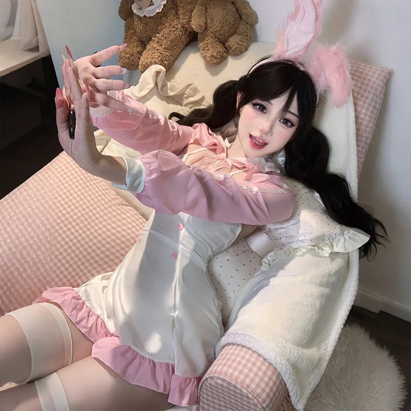 Sweet Lolita Sexy Cute Rabbit Maid Dress Role Play Costumes Anime Bunny Girl Pink Blue Uniform Pajamas Temptation Party Suit