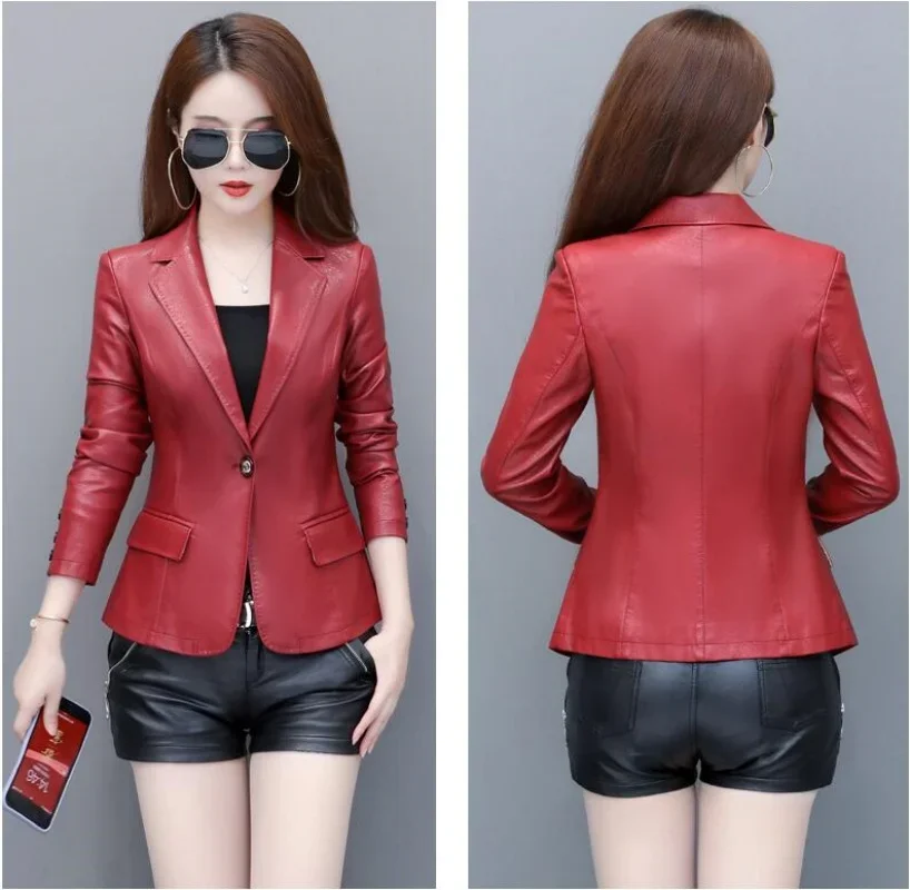 Spring Genuine Leather Jacket Women Korean Fashion Slim Sheepskin Coat Black Red Real Leather jackets ladies Casual Blazer femme