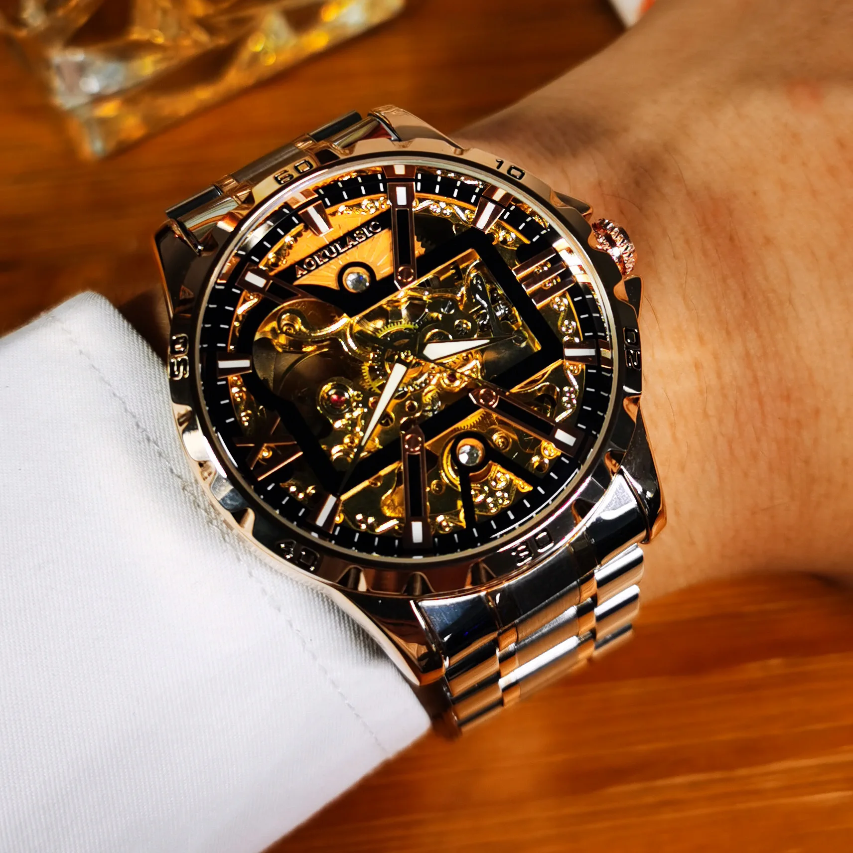 Luxury Brand Military Mechanical Watches Fashion Iced Out Gold Skeleton Automatic Watch for Men Stainless Steel Strap Luminous