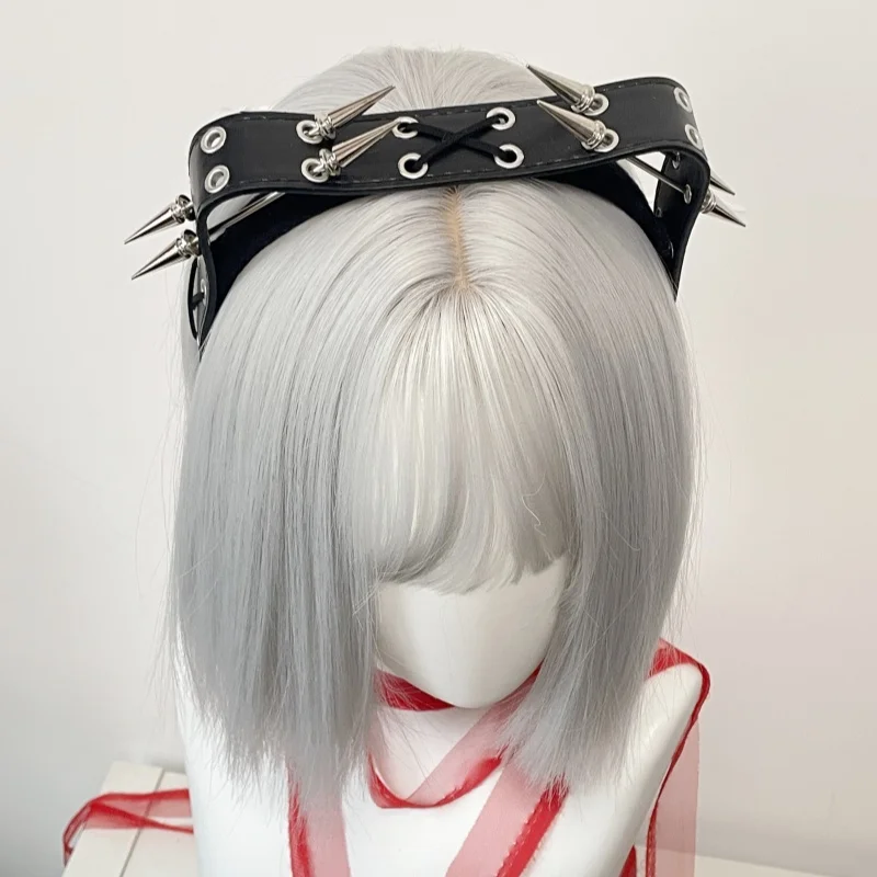Subculture Y2K 하라주쿠 헤어 후프 Steampunk 고딕 로리타 펑크 다크 고양이 소녀 머리띠 쿨 리벳 가죽 헤어 밴드 액세서리