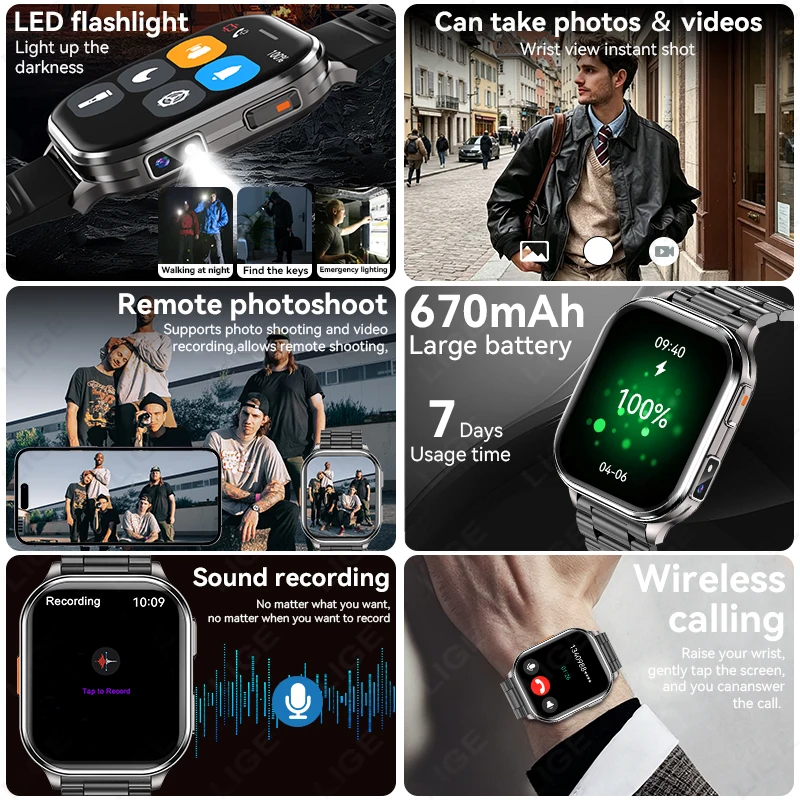 LIGE New Camera Smart Watch Men Recording Camera Local Music & Photo Bluetooth Calling 670mAh Large Battery Men Women Smartwatch