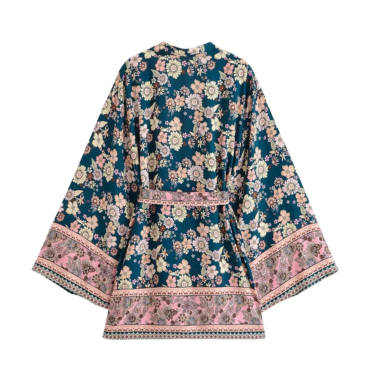 BOHO Women Dark Green With Pink Floral Print Kimono Shirt Holiday Tide Bow Sashes Mid Long Cardigan Summer Blouse Beach Cape