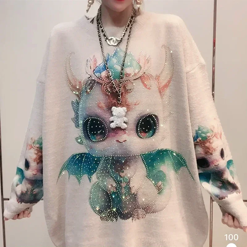 Fashion Cartoon Print Loose Cute Hooded Long Sleeve Sweater Female 2023 Autumn Winter New Round Neck Pullover Knitted Top Women