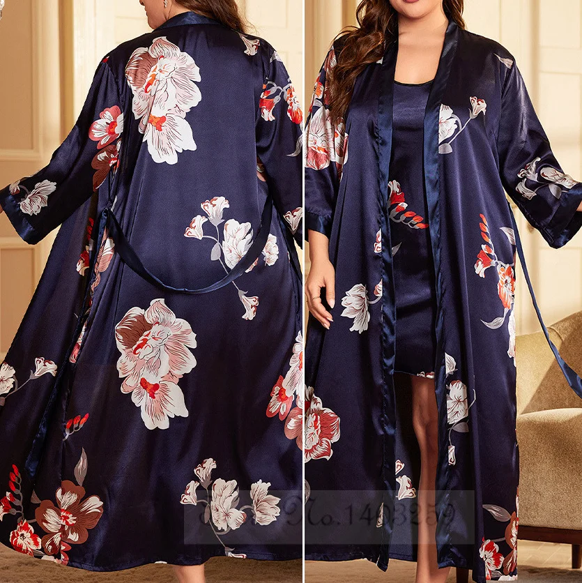 Sexy Print Flower Nighty&Robe Set Nightgown Plus Size Long Kimono Bathrobe Spring Summer Satin Home Clothes Loose Loungewear