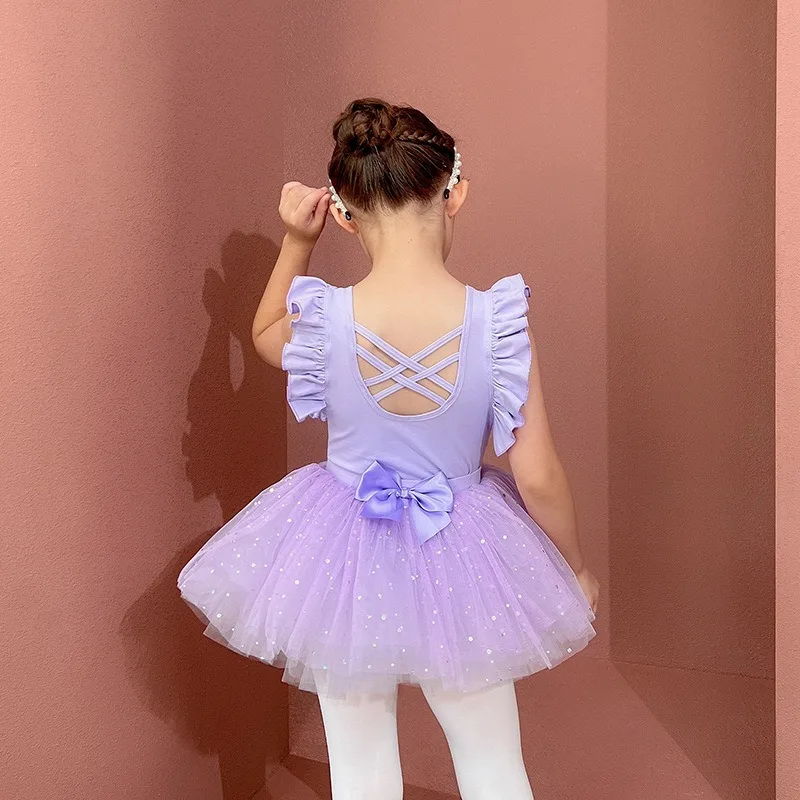 Artistic Skating Child Dresses Flutter Short Sleeve Girl Ballet Leotard Korea Princess Tutu Skirt Bow Knot Jersey Ballerina New