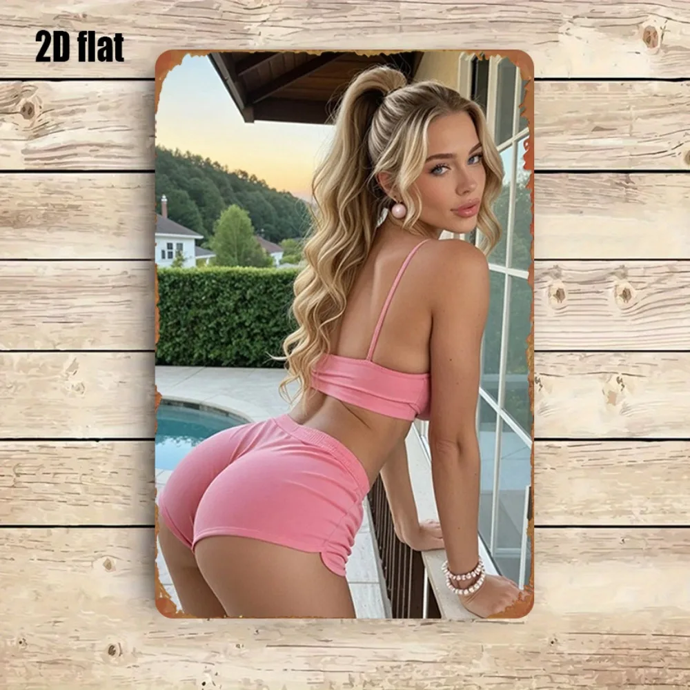 Aluminum Metal Sign, Pin-Up Style Blonde Woman in Pink Crop Top & Shorts by Pool Print Wall Decor Plaque for Man Cave Bar