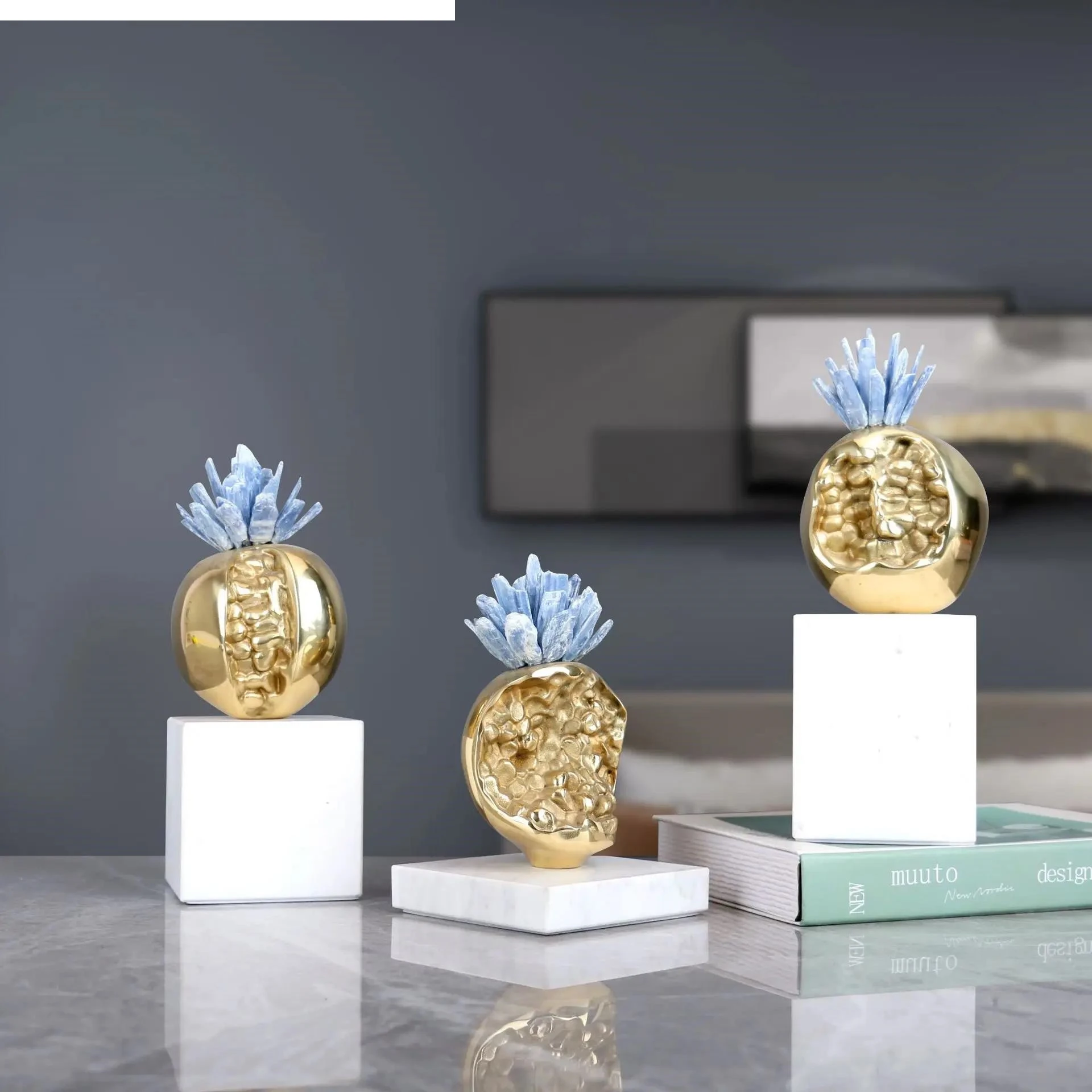 Metallic Granatapfel Kristall Skulptur Marmor Ornament Blau Gold Metall Figur Raumdekoration Zubehör