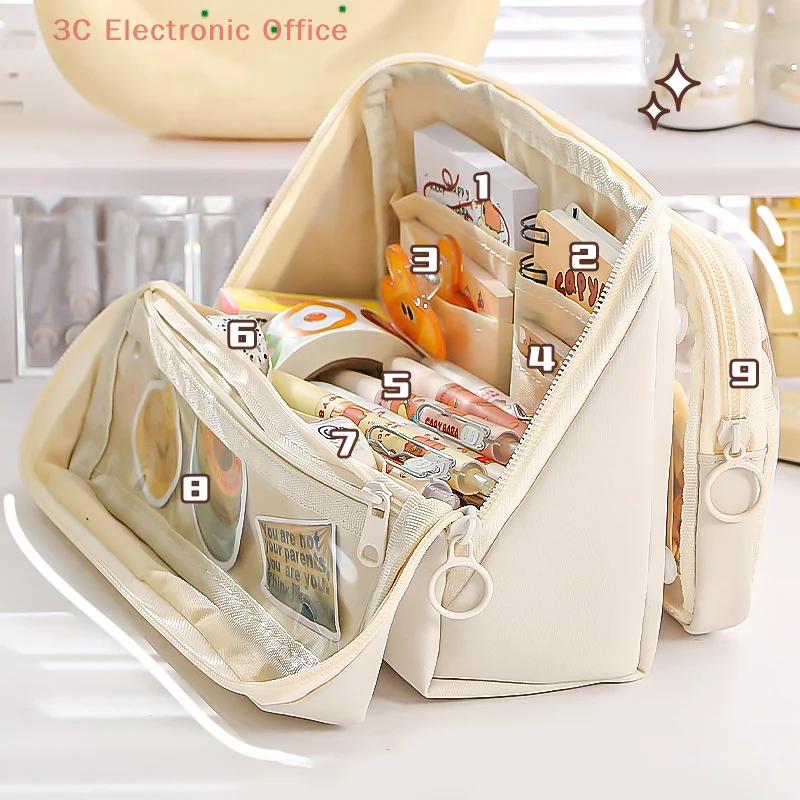 حقيبة أقلام رصاص واسعة مكونة من 9 طبقات مع حافظة أقلام قابلة للفصل على الوجهين وحقيبة تخزين متعددة الاستخدامات، حقيبة قرطاسية بسيطة قابلة للطي #3