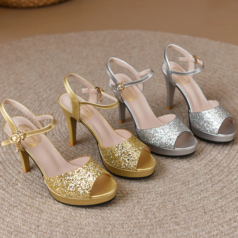 รองเท้าแตะหญิงฤดูร้อน2023รองเท้าส้นสูง Stiletto รองเท้าส้นสูง Peep-Toe เซ็กซี่ Elegant Party Gold Silver Luxury Designer รองเท้า