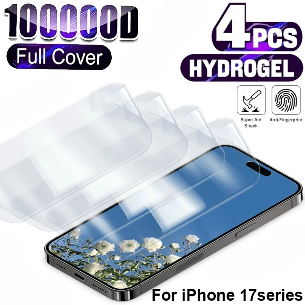 

4Pcs Full Cover Ultra HD Hydrogel Film for iPhone 17 16 15 Pro Max 17e 16e Air 14 13 12 Pro 15 14 Plus Anti-Scratch Protectors