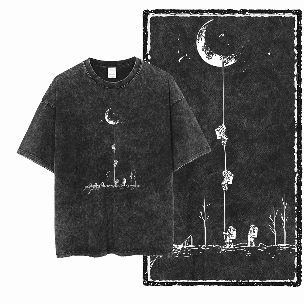 Men Women Vintage Astronaut Climbing Moon Rope Graphic T-Shirt, Oversized Space Sci-Fi Streetwear Tee，High Street Harajuku Style