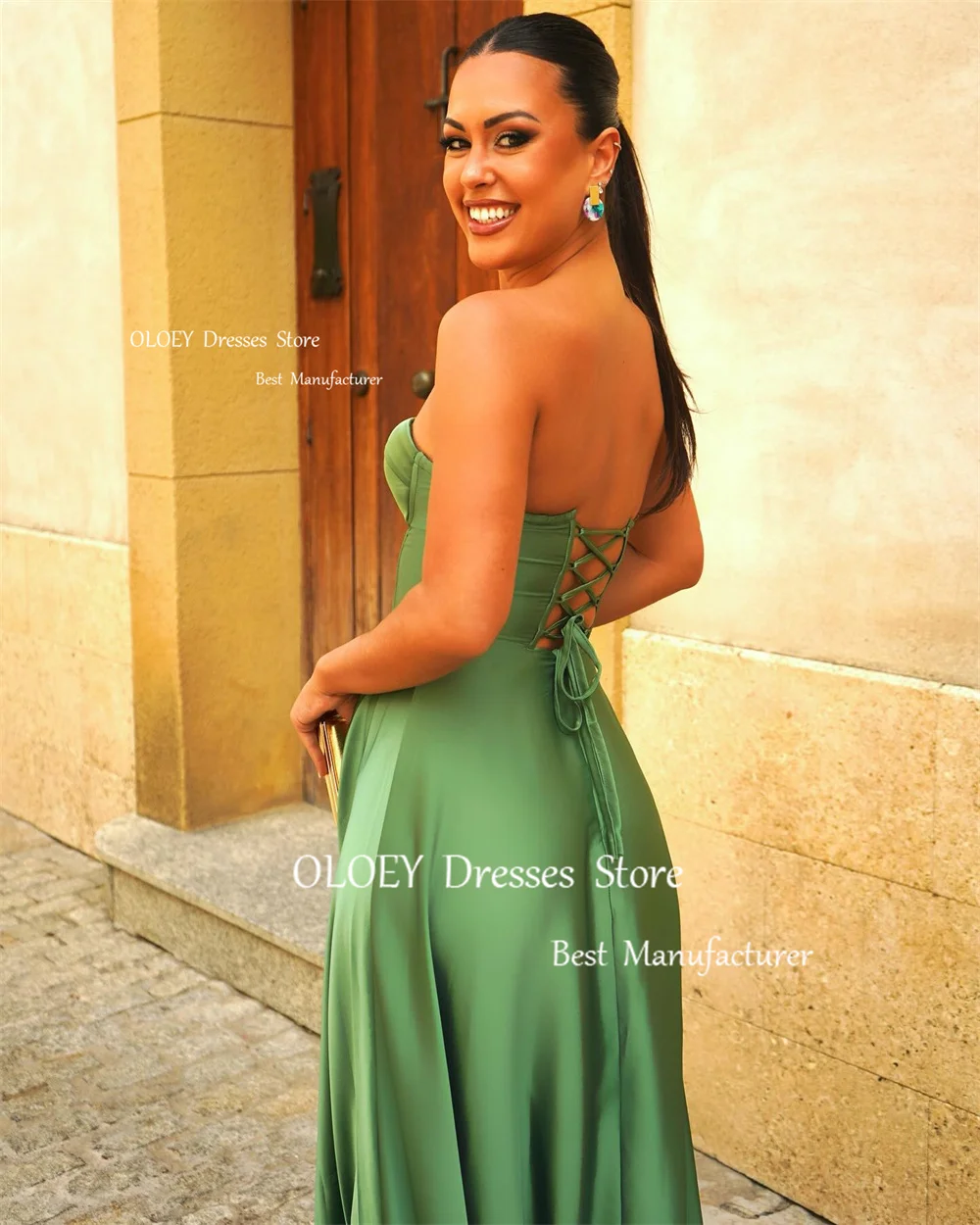 OLOEY Simple Green Evening Dresses Photoshot Satin Formal Party Dress Sleeveless Occasion Gowns Floor Length Free Custom