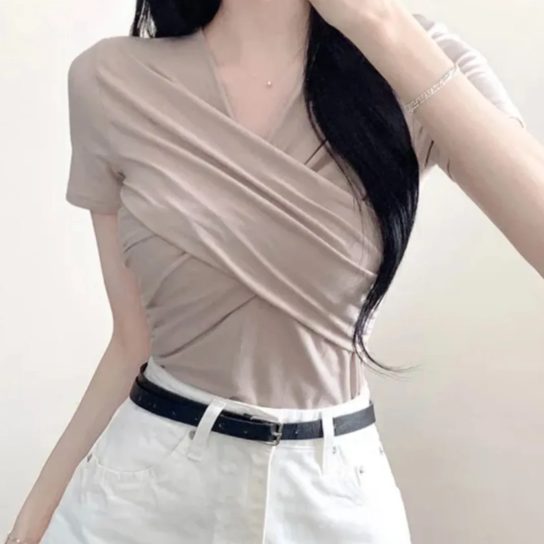 Chic Summer Design Folded Cross V-neck Slimming Short T-shirt Base Shirt Top Women's Korean Style Commute Pure Color Cotton