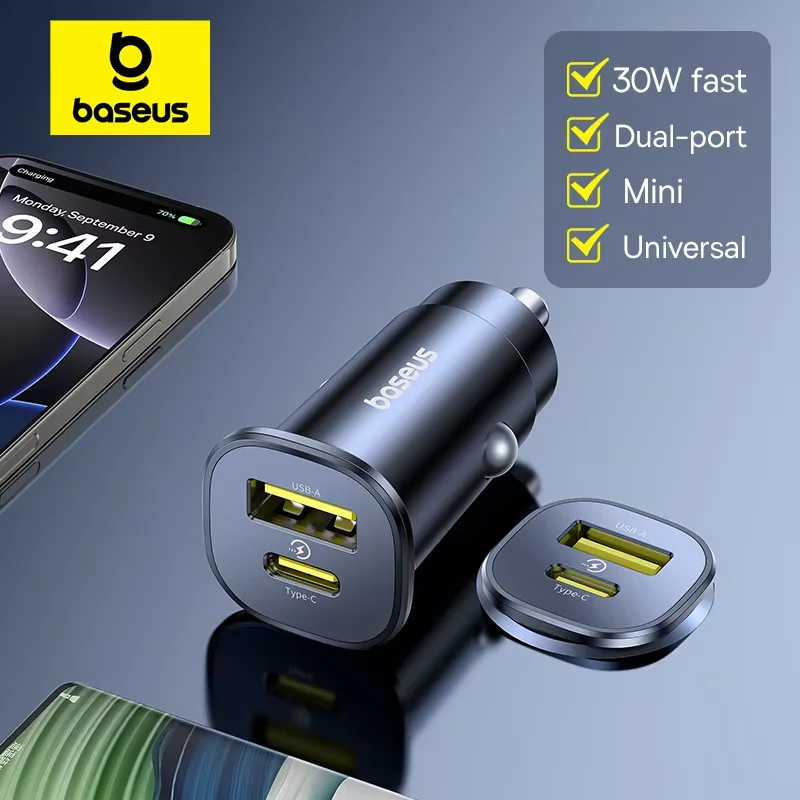 Baseus 30W Car Charger Dual Port USB Type-C Fast Charging PD QC FCP AFC For Tablet iPhone 16 15 Samsung S24 S25 Xiaomi Huawei