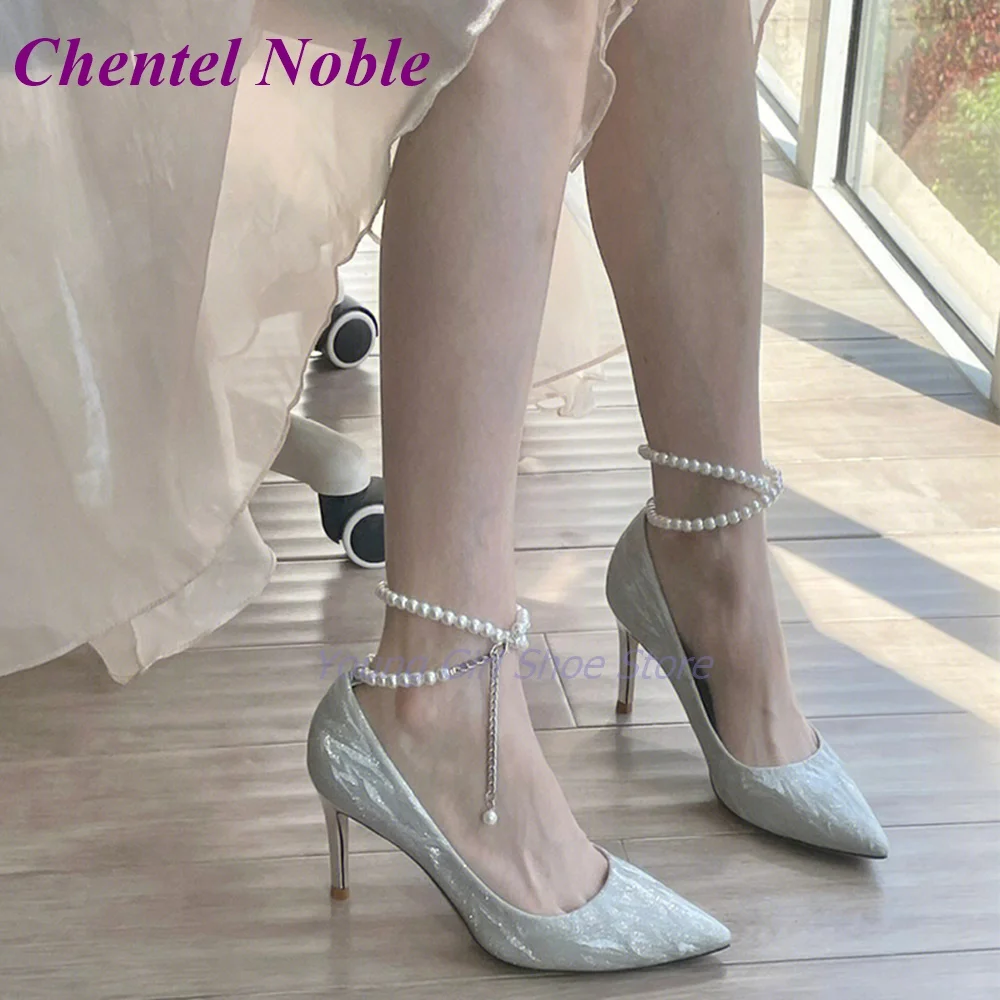 

Pearl Chain Strappy Stiletto Pointed Toe Silver Gentle Heel 2023 Spring Summer New Arrival Women Shoes Shine Party Sandal Sexy