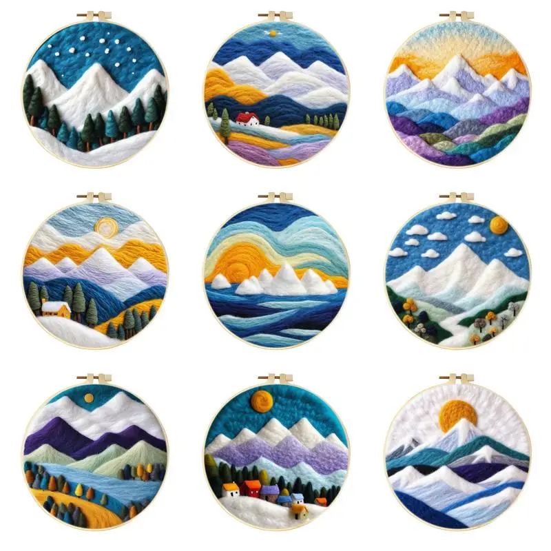 

CHENISTORY Fleece Needle Felt Set Needle Felting Painting Kit With Frame Snow mountain scenery DIY Felt Package Home Decoration