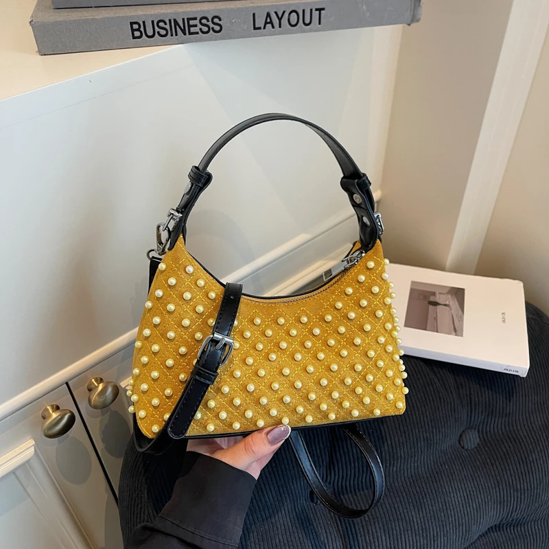 2025 Autumn & Winter New Style Faux Suede Half Moon Shoulder & Crossbody Bags Solid Zipper Beading Retro Handbags for Women #1