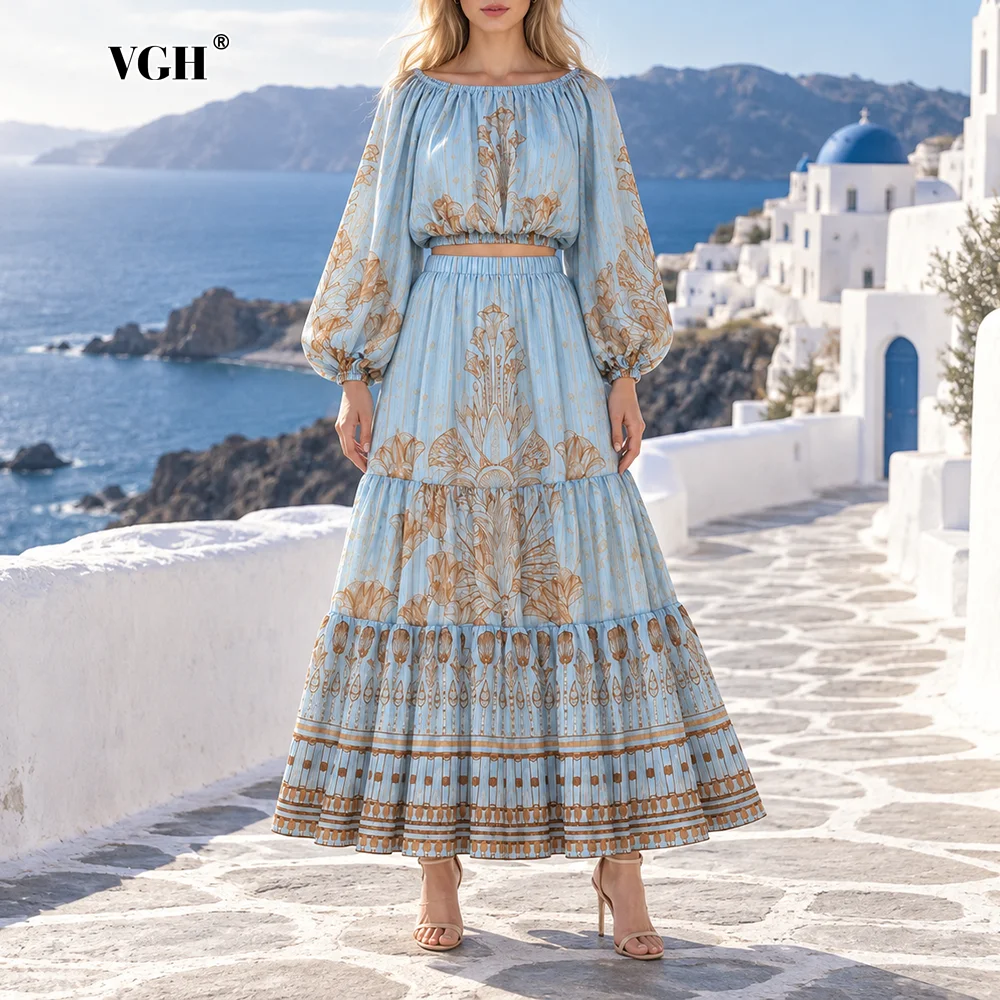 VGH Bohemia Two Piece Sets for Women Off Shoulder Balloon Sleeve Crop Top High Waist Tiered Maxi Skirt for Vacation Beach Wear
