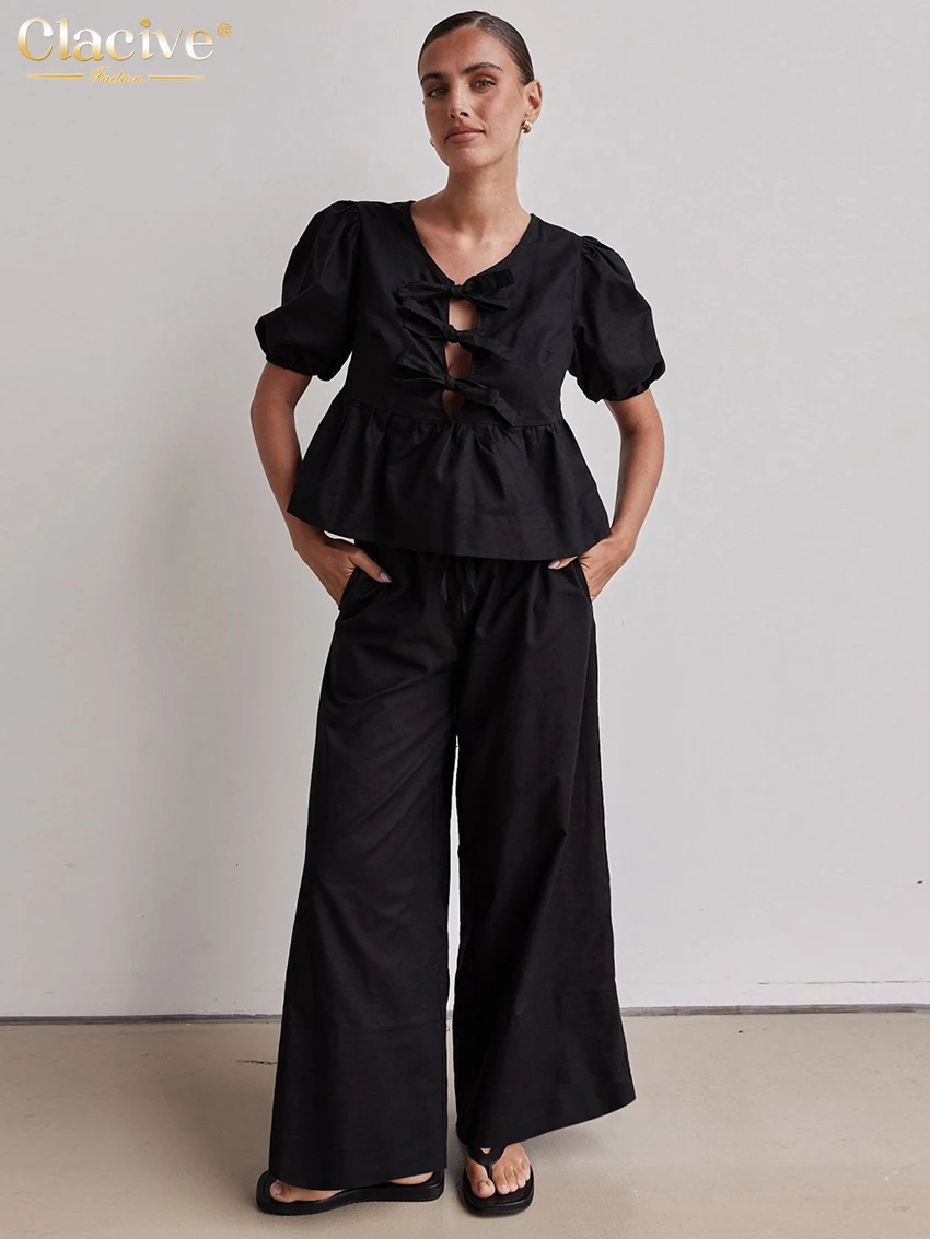 

Clacive Summer Loose Black Cotton 2 Piece Set Woman Outfit 2025 Fashion Short Sleeve Shirt With High Waist Wide Pants Set Female
