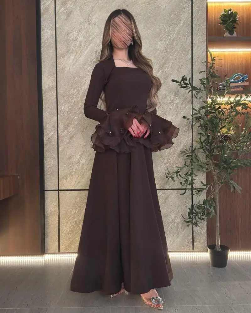 Jirocum – ensemble de robes de soirée de luxe marron chocolat, haut à volants transparent à col carré avec perles pour soirée de bal de gala